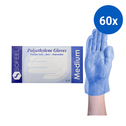 Sofeel Disposable Polyethylene Gloves Medium Powder Free Latex Free 500/Box - Blue x60