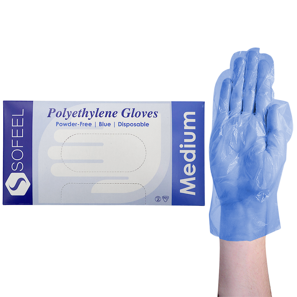 Sofeel Disposable Polyethylene Gloves Medium Powder Free Latex Free 500/Box - Blue x60