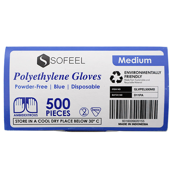 Sofeel Disposable Polyethylene Gloves Medium Powder Free Latex Free 500/Box - Blue x60