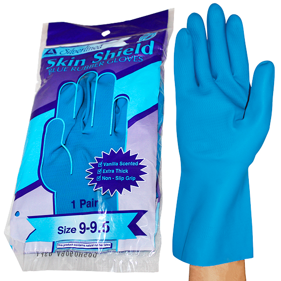 Skin Shield Silver Lined Natural Rubber Gloves Size 9-9.5 Vanilla Scent Extra Thick HACCP 1 Pair/Pack - Blue x290