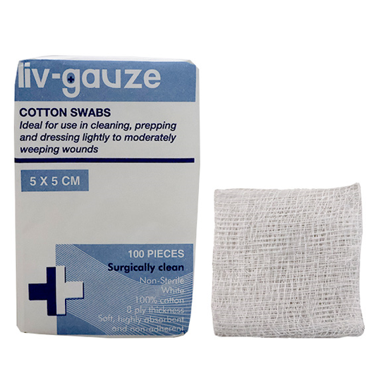 Liv Gauze Swabs 8-Ply 5 x 5cm 100% Cotton Non-Sterile 100/Pack - White x260