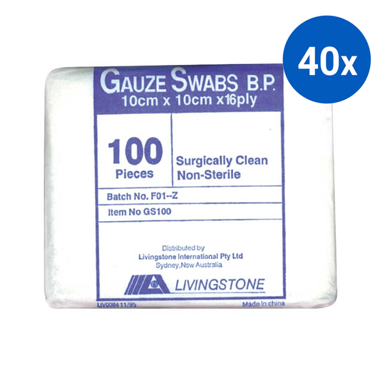 Livingstone Gauze Swabs 16-Ply 10 x 10cm 100pct Cotton 100 Pcs/Pack - White x40
