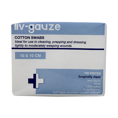 Liv Gauze Swabs 8-Ply 10 x 10cm 100% Cotton Surgically Clean Non-Sterile 100/Pack - White x75
