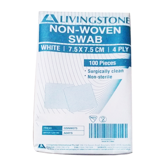 Livingstone Non-Woven Swabs Superior Absorbency 4Ply 7.5 x 7.5cm 100/Pack - White x150