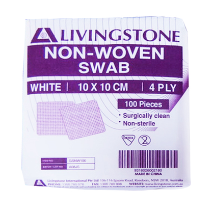 Livingstone Non-Woven Swabs Superior Absorbency 4 Ply 10 x 10cm 100/Pack - White x85