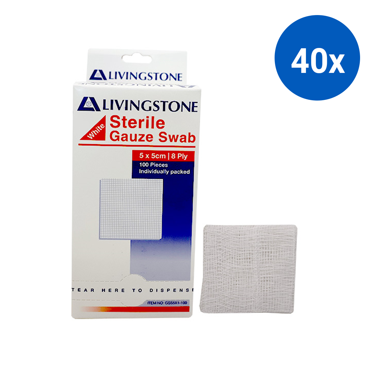 Liv Gauze Swabs 5x5cm 8 ply 100% Cotton Sterile 100 Packs/Box - White x40