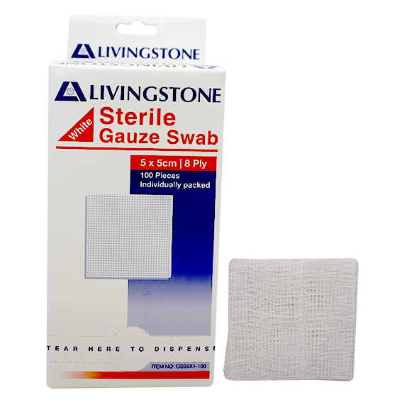 Liv Gauze Swabs 5x5cm 8 ply 100% Cotton Sterile 100 Packs/Box - White x40