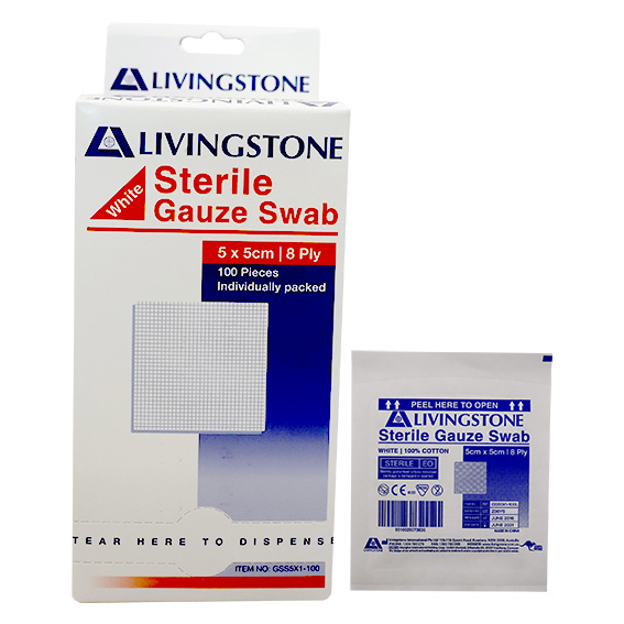 Liv Gauze Swabs 5x5cm 8 ply 100% Cotton Sterile 100 Packs/Box - White x40