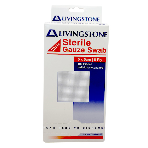 Liv Gauze Swabs 5x5cm 8 ply 100% Cotton Sterile 100 Packs/Box - White x40