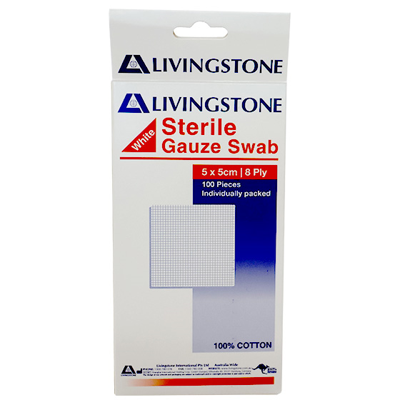 Liv Gauze Swabs 5x5cm 8 ply 100% Cotton Sterile 100 Packs/Box - White x40