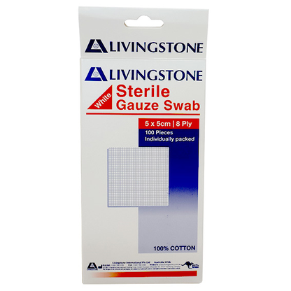 Liv Gauze Swabs 5x5cm 8 ply 100% Cotton Sterile 100 Packs/Box - White x40