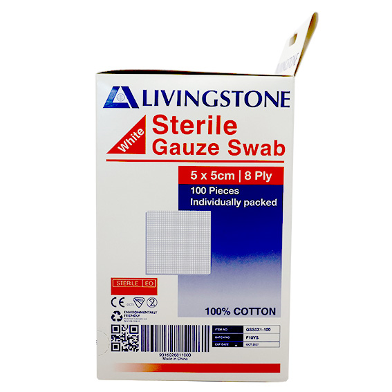 Liv Gauze Swabs 5x5cm 8 ply 100% Cotton Sterile 100 Packs/Box - White x40