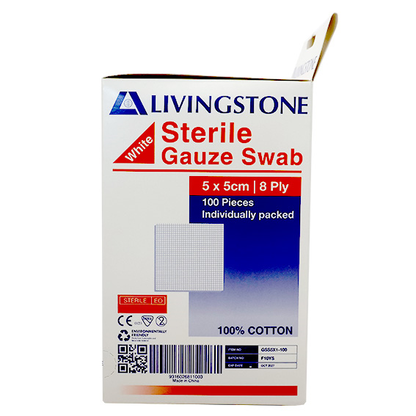 Liv Gauze Swabs 5x5cm 8 ply 100% Cotton Sterile 100 Packs/Box - White x40