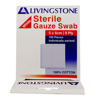 Liv Gauze Swabs 5x5cm 8 ply 100% Cotton Sterile 100 Packs/Box - White x40