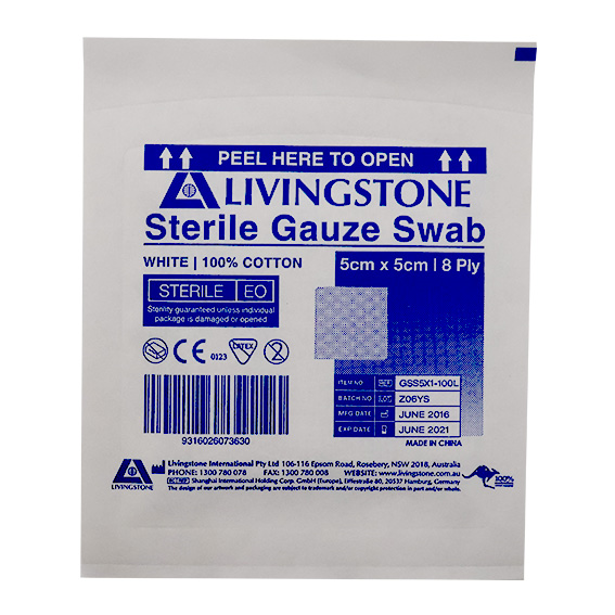 Liv Gauze Swabs 5x5cm 8 ply 100% Cotton Sterile 100 Packs/Box - White x40