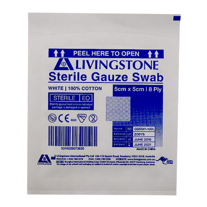 Liv Gauze Swabs 5x5cm 8 ply 100% Cotton Sterile 100 Packs/Box - White x40