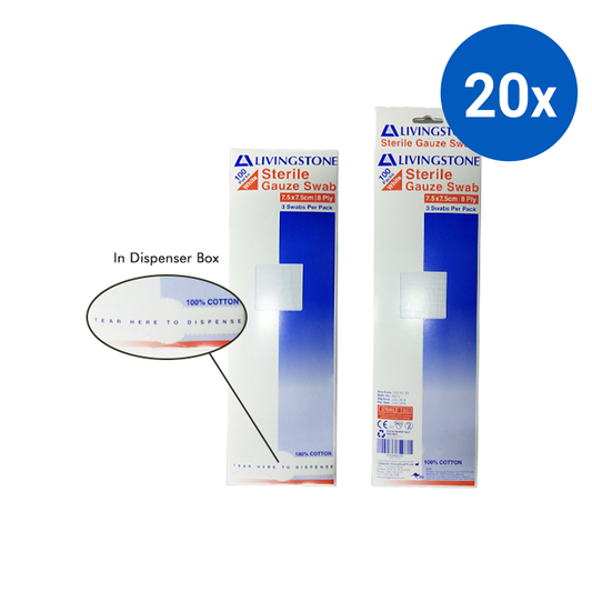 Livingstone Gauze Swabs 7.5 x 7.5 cm x 8 ply 3 Pcs/Pack, 100 Packs/Box - White x20