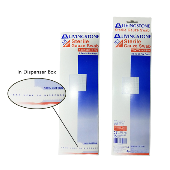 Livingstone Gauze Swabs 7.5 x 7.5 cm x 8 ply 3 Pcs/Pack, 100 Packs/Box - White x20