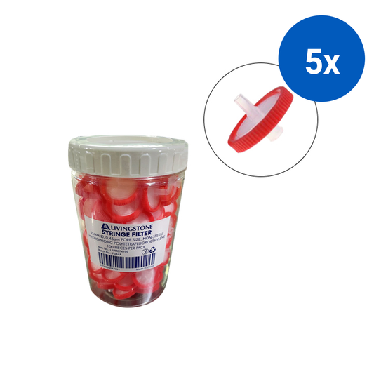 Livingstone Syringe Filter 25mm Diameter 0.45um Pore Size PTFE Hydrophobic Non-Sterile 100/Pack - White/Red x5