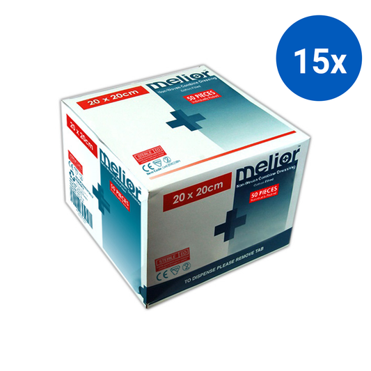 Melior Combine Dressing Pads 20x20cm Nonwoven Cotton Filled Sterile 1/Pack 50/Box - White x15