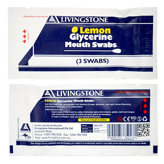 Livingstone Lemon Glycerine Mouth Swabs 3 Pcs/Sachet 25 Sachet/Box - Lemon x35