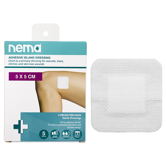 Nema Adhesive Island Dressing 5 x 5cm Sterile Non-Adherent Pad Nonwoven 5/Pack - White x485