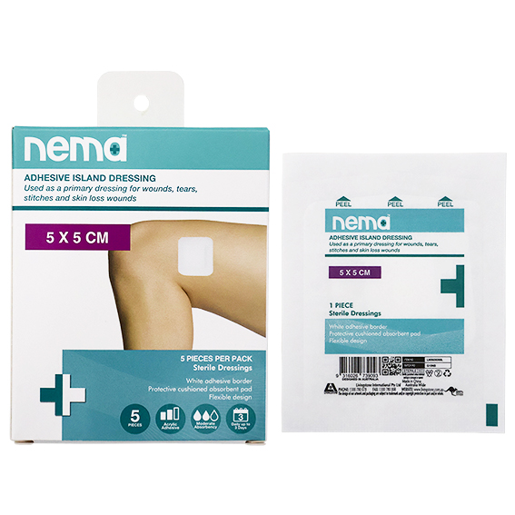 Nema Adhesive Island Dressing 5 x 5cm Sterile Non-Adherent Pad Nonwoven 5/Pack - White x485