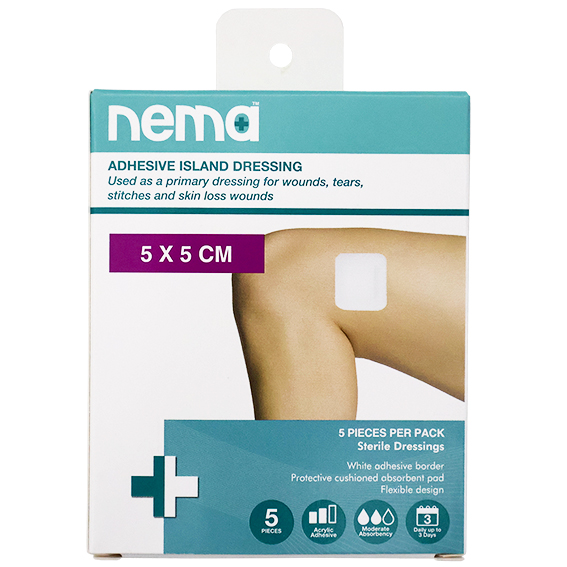 Nema Adhesive Island Dressing 5 x 5cm Sterile Non-Adherent Pad Nonwoven 5/Pack - White x485