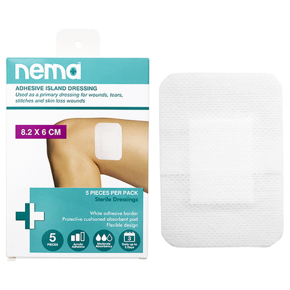 Nema Adhesive Island Dressing 8.2 x 6cm Sterile Non-Adherent Pad Nonwoven 5/Pack - White x270