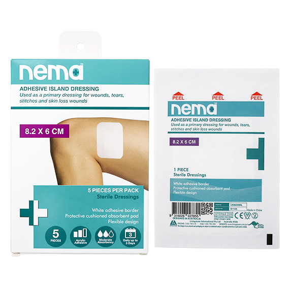 Nema Adhesive Island Dressing 8.2 x 6cm Sterile Non-Adherent Pad Nonwoven 5/Pack - White x270