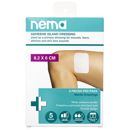 Nema Adhesive Island Dressing 8.2 x 6cm Sterile Non-Adherent Pad Nonwoven 5/Pack - White x270