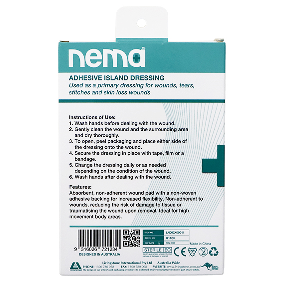 Nema Adhesive Island Dressing 8.2 x 6cm Sterile Non-Adherent Pad Nonwoven 5/Pack - White x270