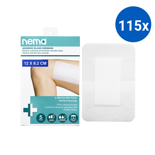 Nema Adhesive Island Dressing 12 x 8.2cm Sterile Non-Adherent Pad Nonwoven 5/Box - White x115
