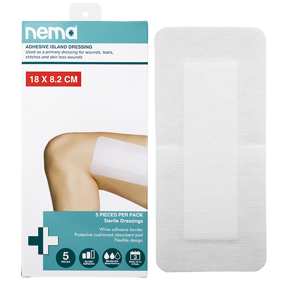 Nema Adhesive Island Dressing 18 x 8.2cm Sterile Non-Adherent Pad Nonwoven 5 Pcs/Box - White x95