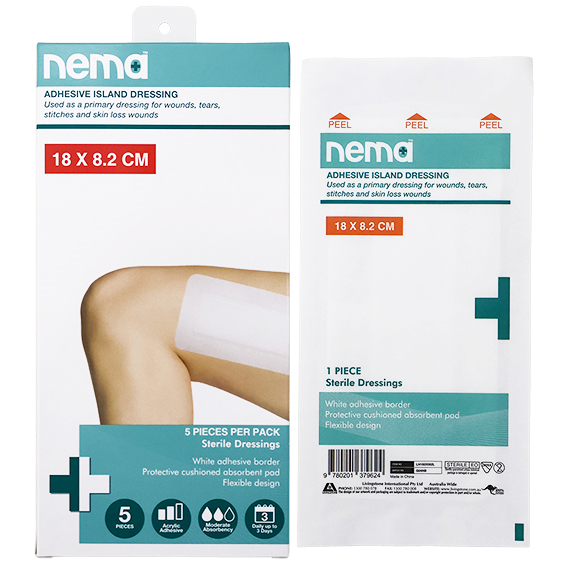 Nema Adhesive Island Dressing 18 x 8.2cm Sterile Non-Adherent Pad Nonwoven 5 Pcs/Box - White x95