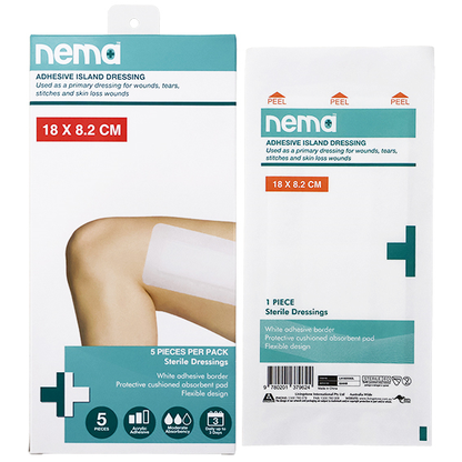 Nema Adhesive Island Dressing 18 x 8.2cm Sterile Non-Adherent Pad Nonwoven 5 Pcs/Box - White x95