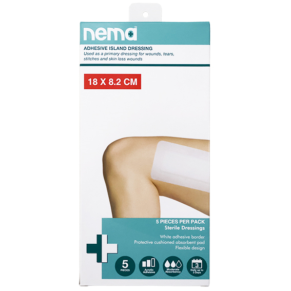 Nema Adhesive Island Dressing 18 x 8.2cm Sterile Non-Adherent Pad Nonwoven 5 Pcs/Box - White x95