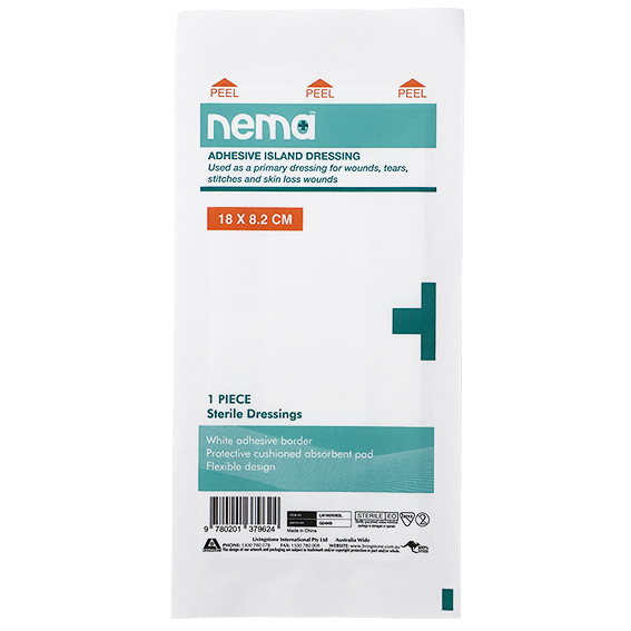 Nema Adhesive Island Dressing 18 x 8.2cm Sterile Non-Adherent Pad Nonwoven 5 Pcs/Box - White x95