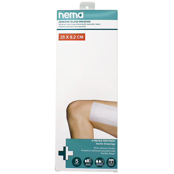Nema Adhesive Island Dressing 25 x 8.25cm 5 Pcs/Box - White x75
