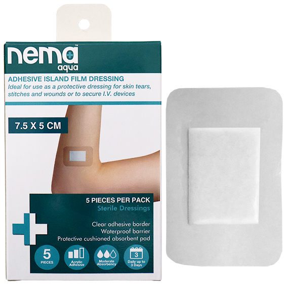 Nema Aqua Island Film Dressing with Non-Adherent Pad 7.5 x 5cm Sterile 5/Pack - Clear x135