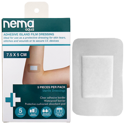 Nema Aqua Island Film Dressing with Non-Adherent Pad 7.5 x 5cm Sterile 5/Pack - Clear x135