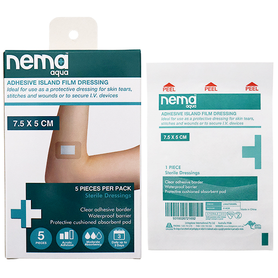 Nema Aqua Island Film Dressing with Non-Adherent Pad 7.5 x 5cm Sterile 5/Pack - Clear x135