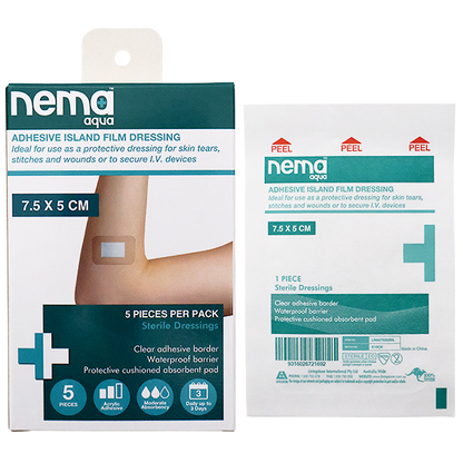 Nema Aqua Island Film Dressing with Non-Adherent Pad 7.5 x 5cm Sterile 5/Pack - Clear x135