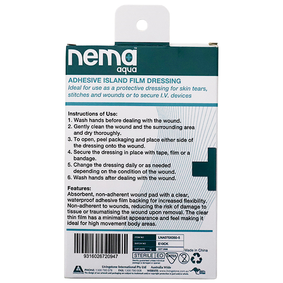 Nema Aqua Island Film Dressing with Non-Adherent Pad 7.5 x 5cm Sterile 5/Pack - Clear x135