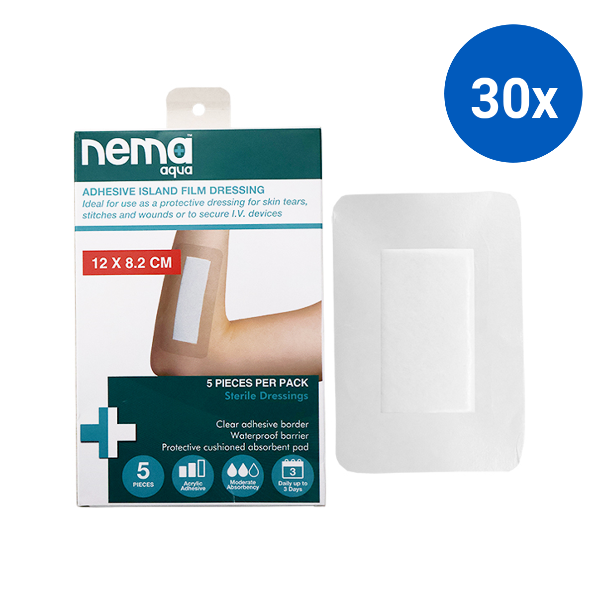 Nema Aqua Island Film Dressing with Non-Adherent Pad 12 x 8.2cm Sterile 5/Pack - Transparent x30