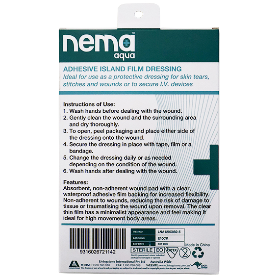 Nema Aqua Island Film Dressing with Non-Adherent Pad 12 x 8.2cm Sterile 5/Pack - Transparent x30