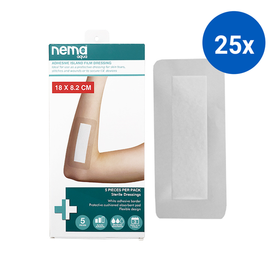 Nema Aqua Transparent Island Film Dressing with Non-Adherent Pad 18 x 8.2cm Sterile 5/Pack - Clear x25