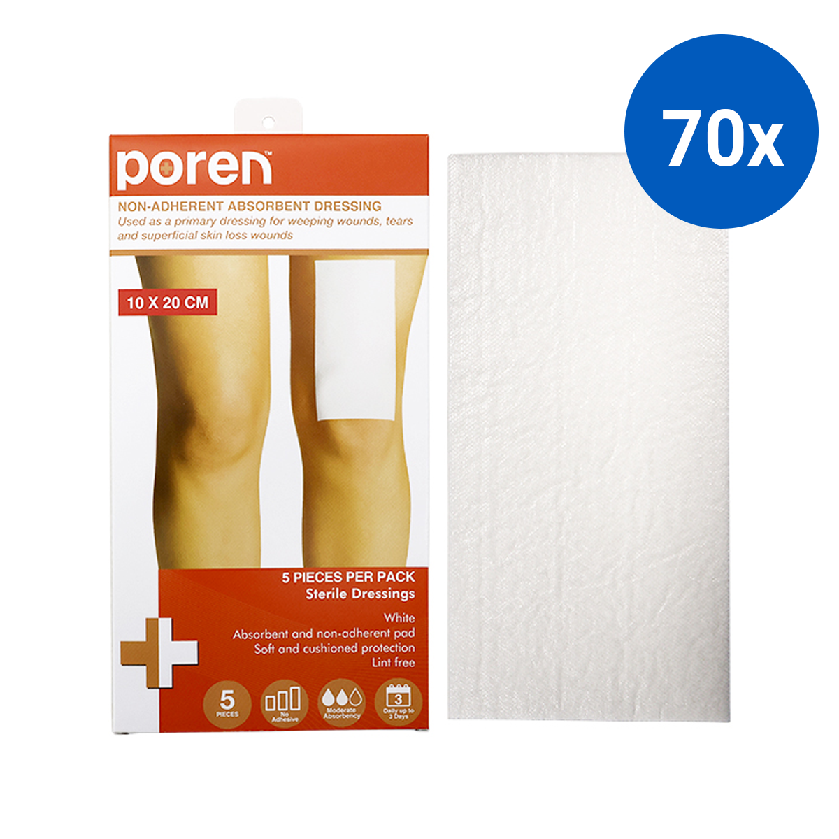 Poren Non-Adherent Absorbent Dressing 10 x 20cm Sterile 5/Pack - White x70