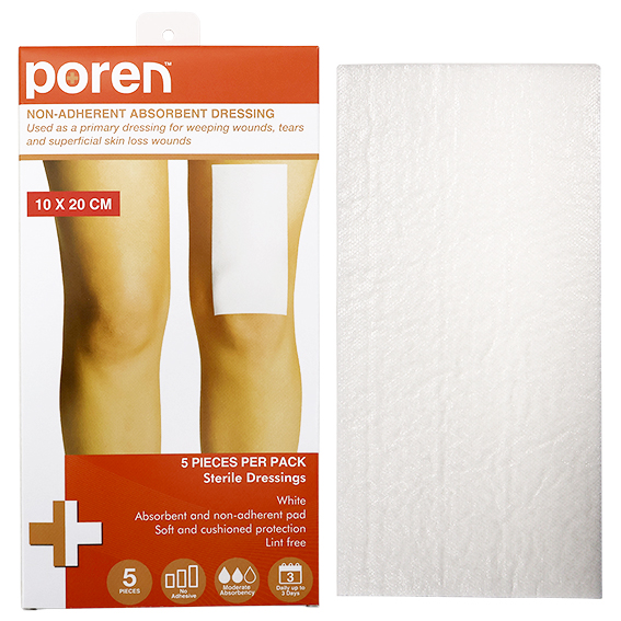 Poren Non-Adherent Absorbent Dressing 10 x 20cm Sterile 5/Pack - White x70
