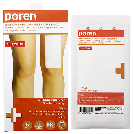 Poren Non-Adherent Absorbent Dressing 10 x 20cm Sterile 5/Pack - White x70